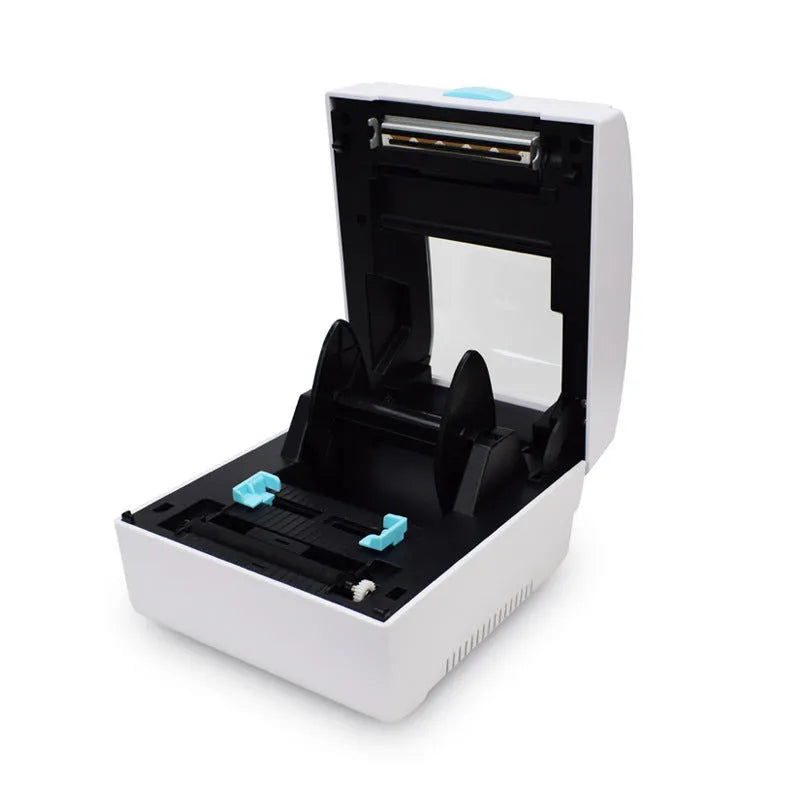 White compact thermal label printer with USB port and Bluetooth connectivity.