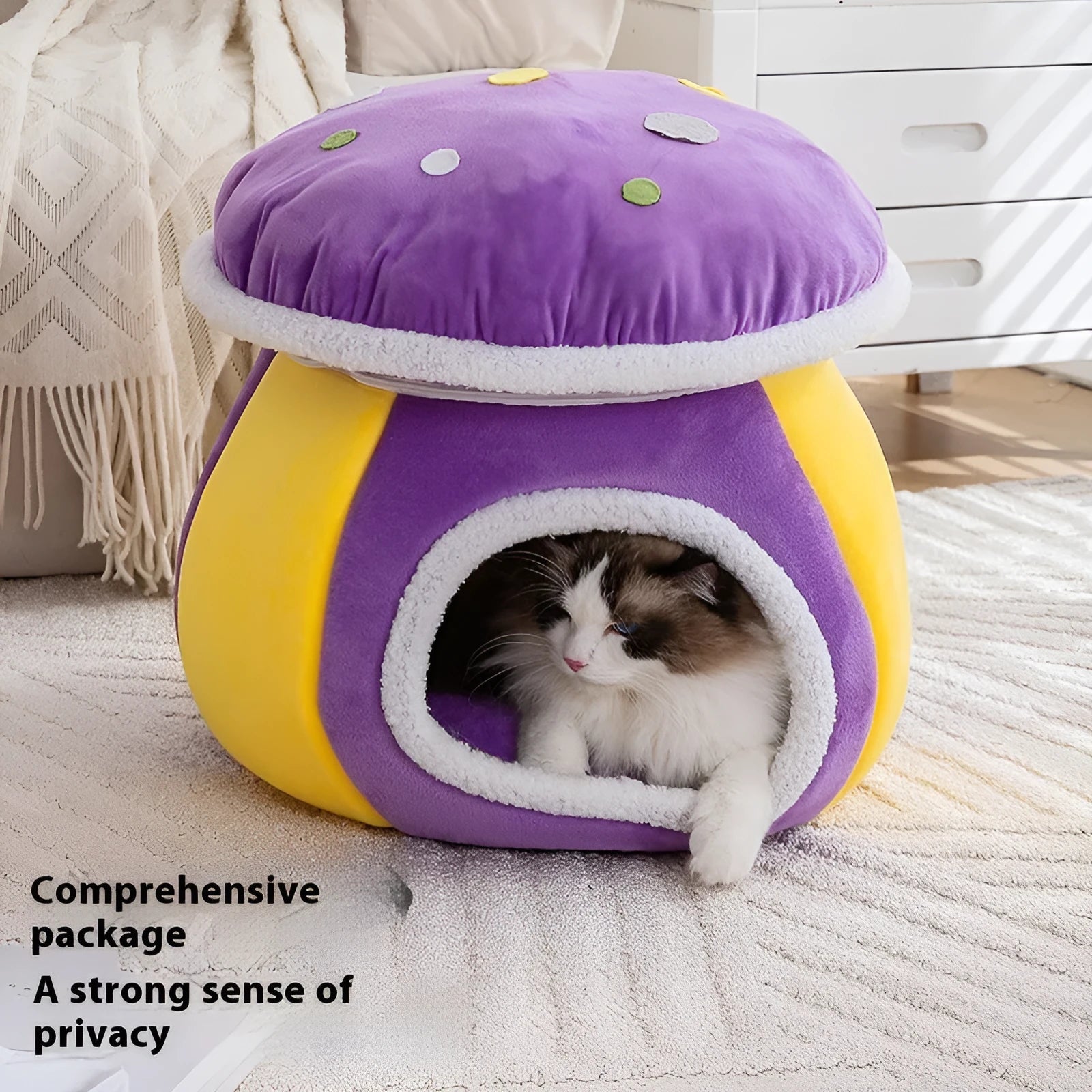 Grey mushroom-shaped plush cat bed for winter, shown with detachable parts and labelled S, L, XL size options.