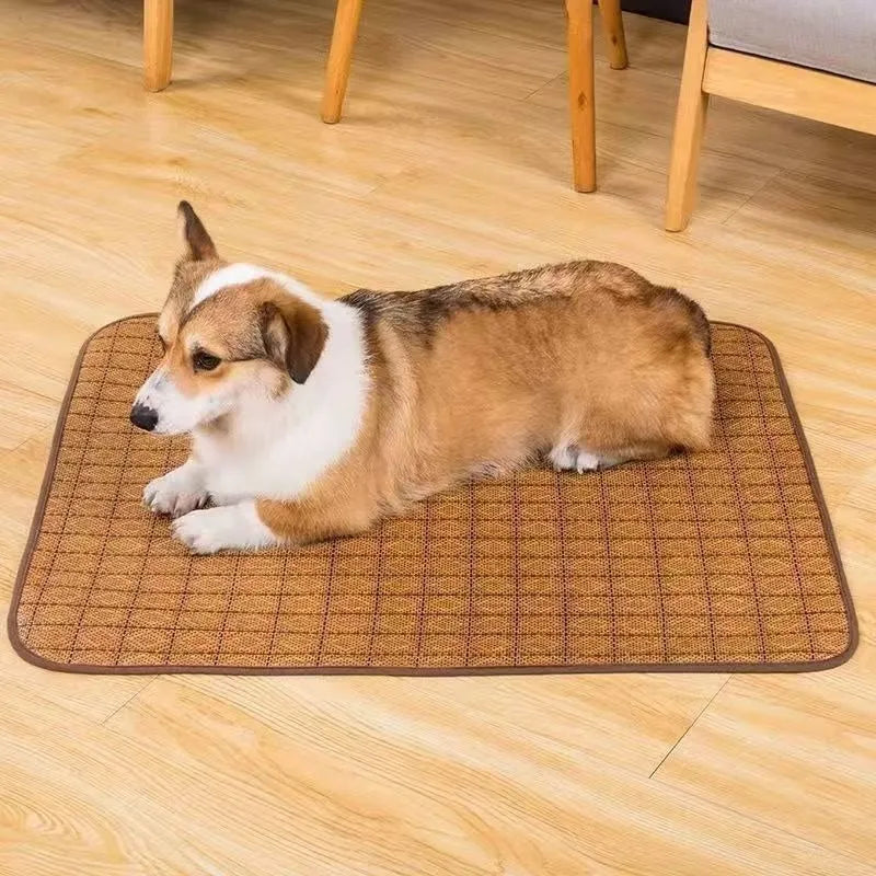 Brown rattan fibre cooling mat for dogs in various sizes for summer heat relief
