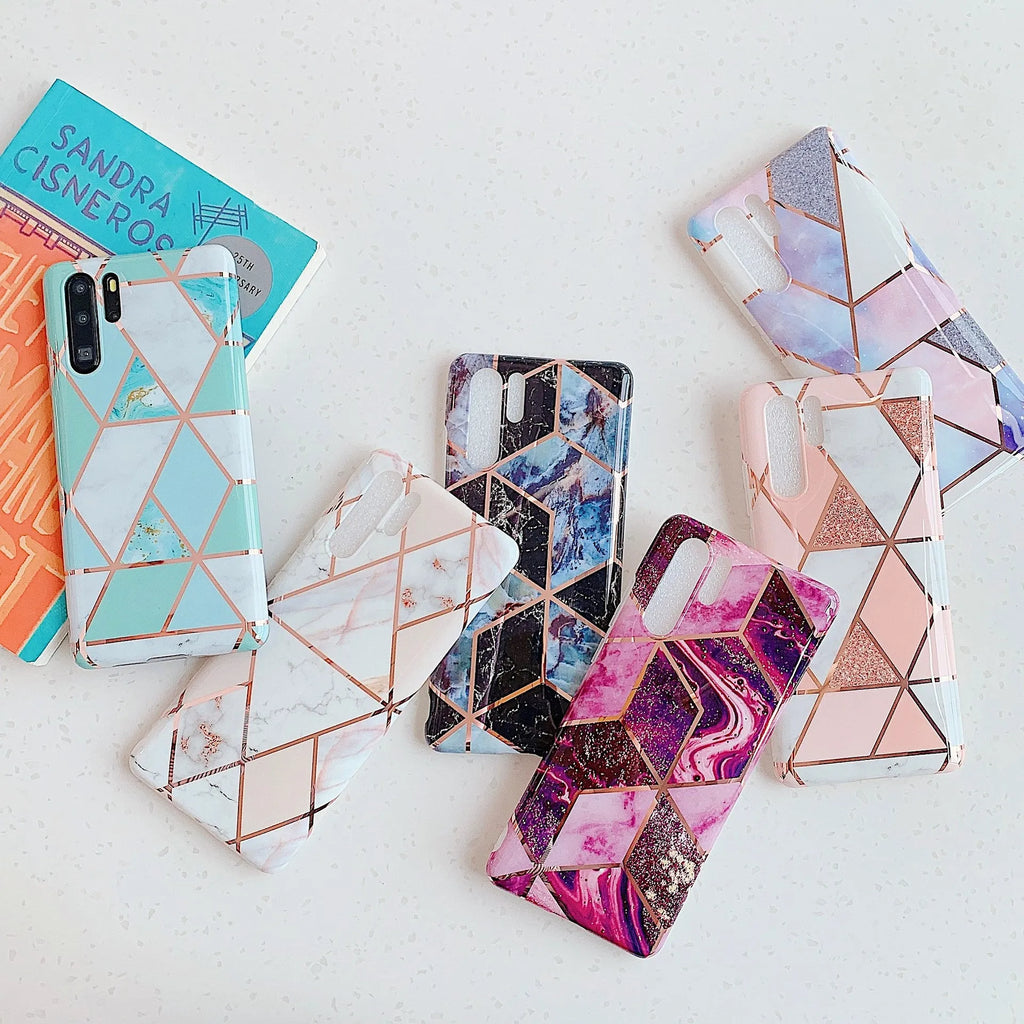 Electroplated marble design TPU mobile phone case for Huawei and Samsung smartphones in various colours.