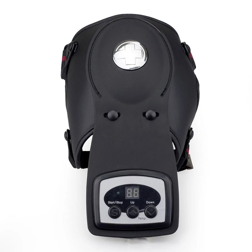 Infrared knee and shoulder massager with adjustable temperature control, knee pads, shoulder pads, and power adapter.