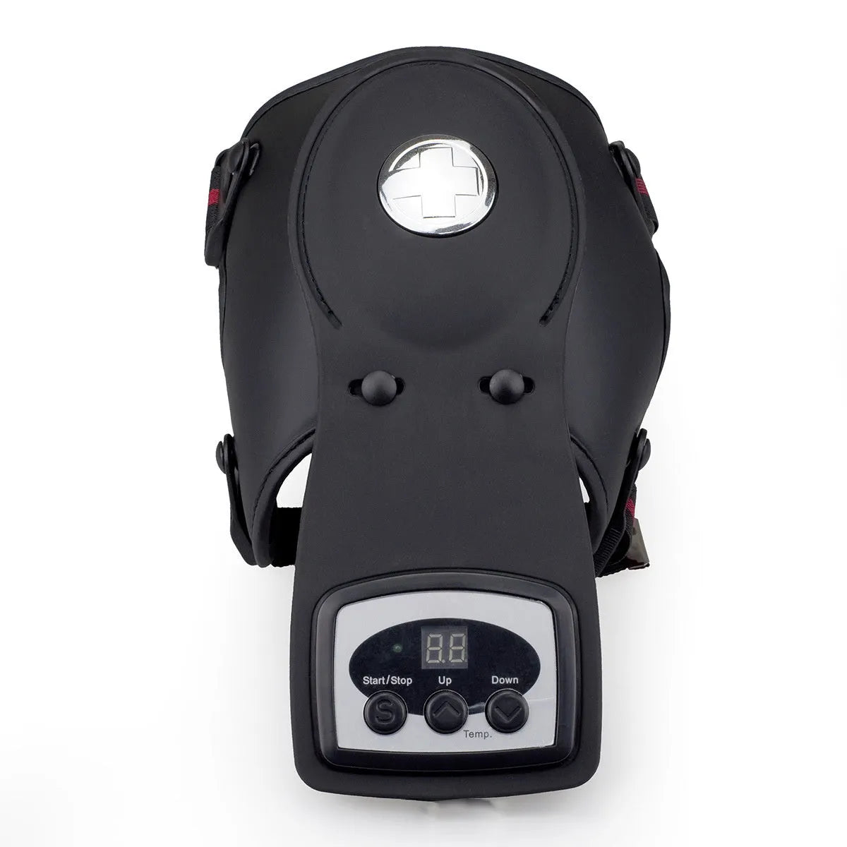 Infrared knee and shoulder massager with adjustable temperature control, knee pads, shoulder pads, and power adapter.