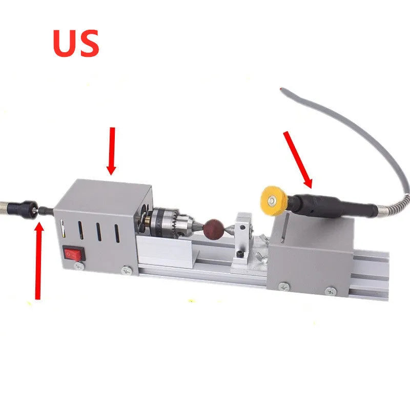 Mini metal woodworking lathe with carving knives on workbench