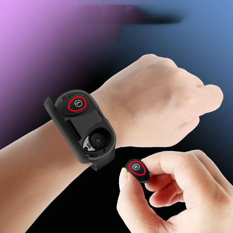 Smart bracelet and Bluetooth earphone combination device with silicone wristband in blue, black or red