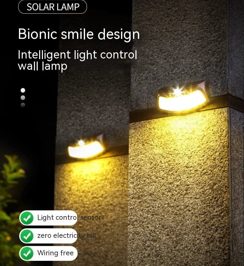 Solar-powered outdoor wall light with retro smiling face design for garden or courtyard.