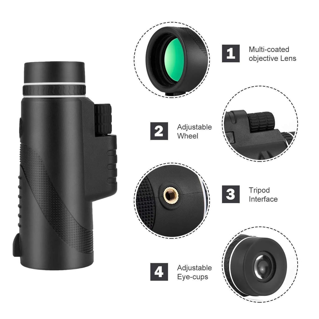 Black HD 40x60 waterproof monocular telescope with 40x magnification for outdoor observation