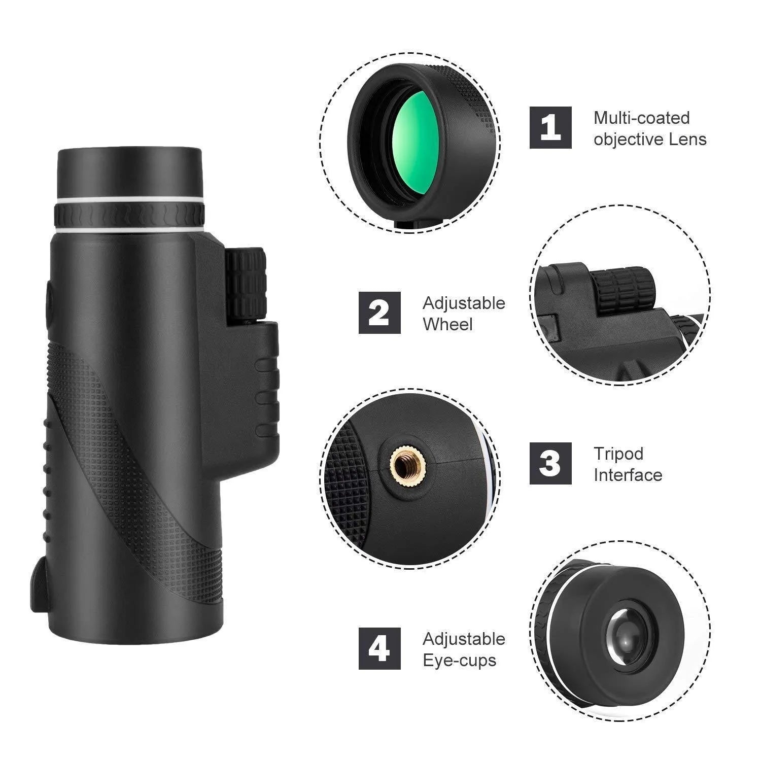 Black HD 40x60 waterproof monocular telescope with 40x magnification for outdoor observation