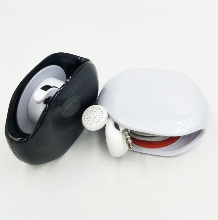 Automatic earphone cable winder with telescopic push mechanism showing compact design