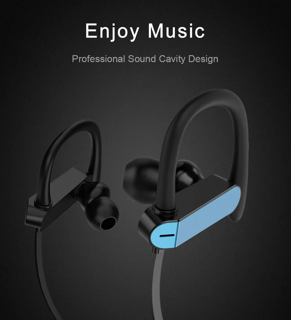 PTM TS27 sport earbuds with black and blue flexible ear hooks and silicone tips for running and gym
