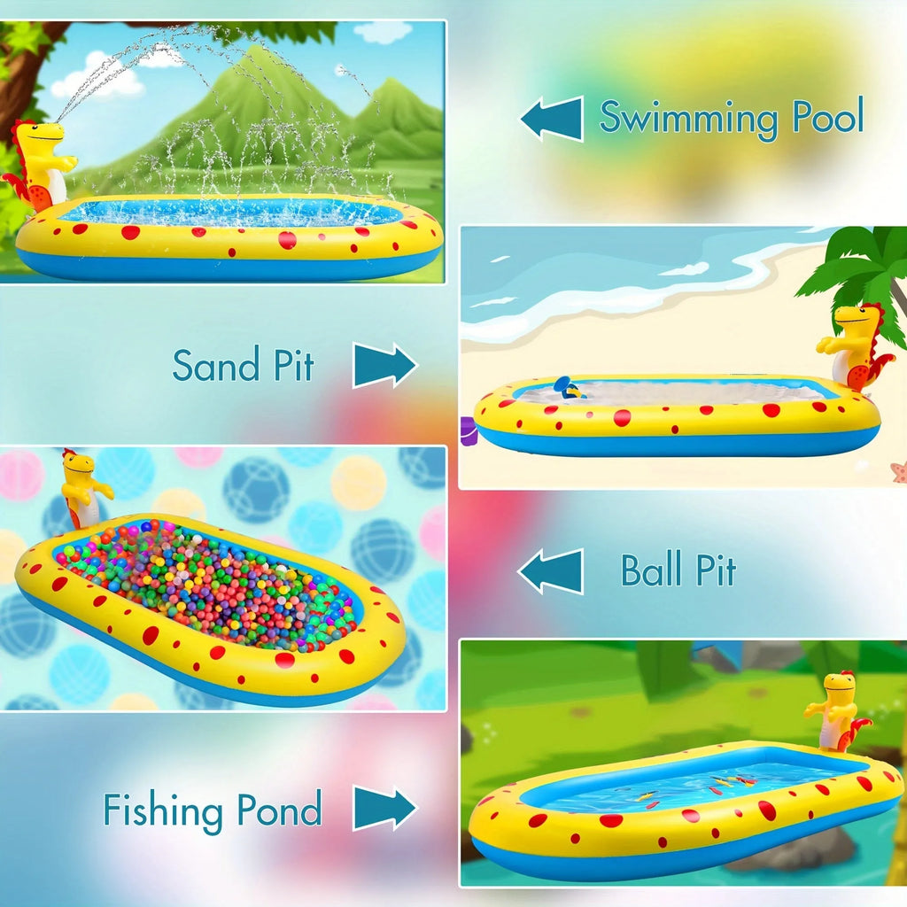 Blue dinosaur water spray pool with built-in splash nozzles for kids' outdoor play