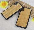 Wooden hybrid phone case with bamboo back and black TPU bumper for iPhone.
