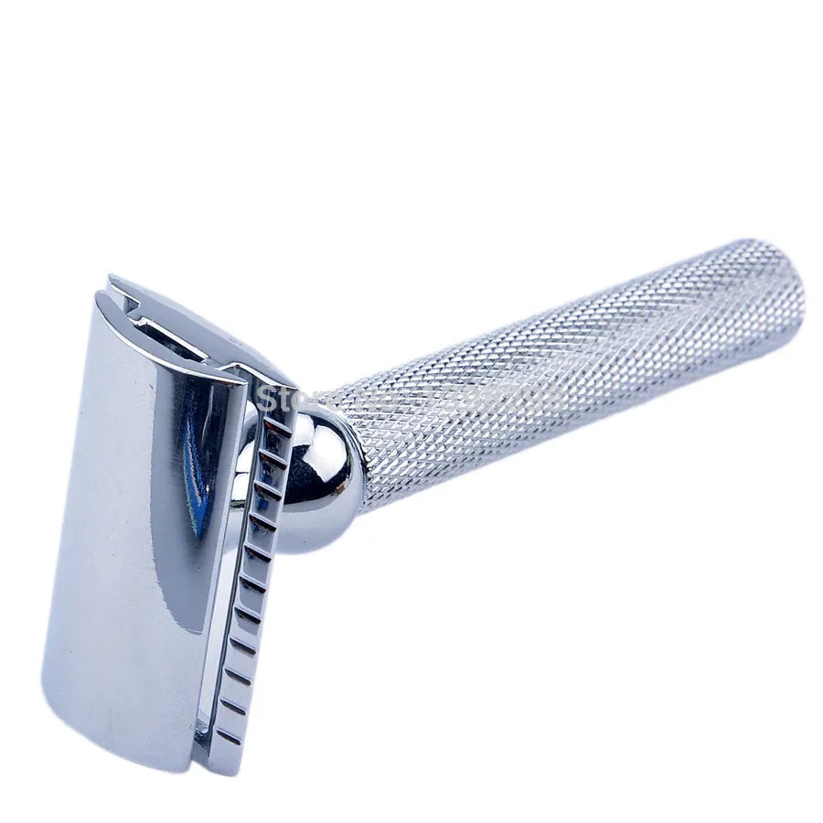 CSB men's shaving set with chrome safety razor, badger hair brush on stand, zinc bowl, and blades in black box.