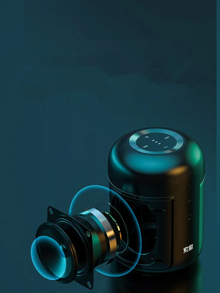 Black portable Bluetooth speaker measuring 72mm wide by 99mm high with 30W output power