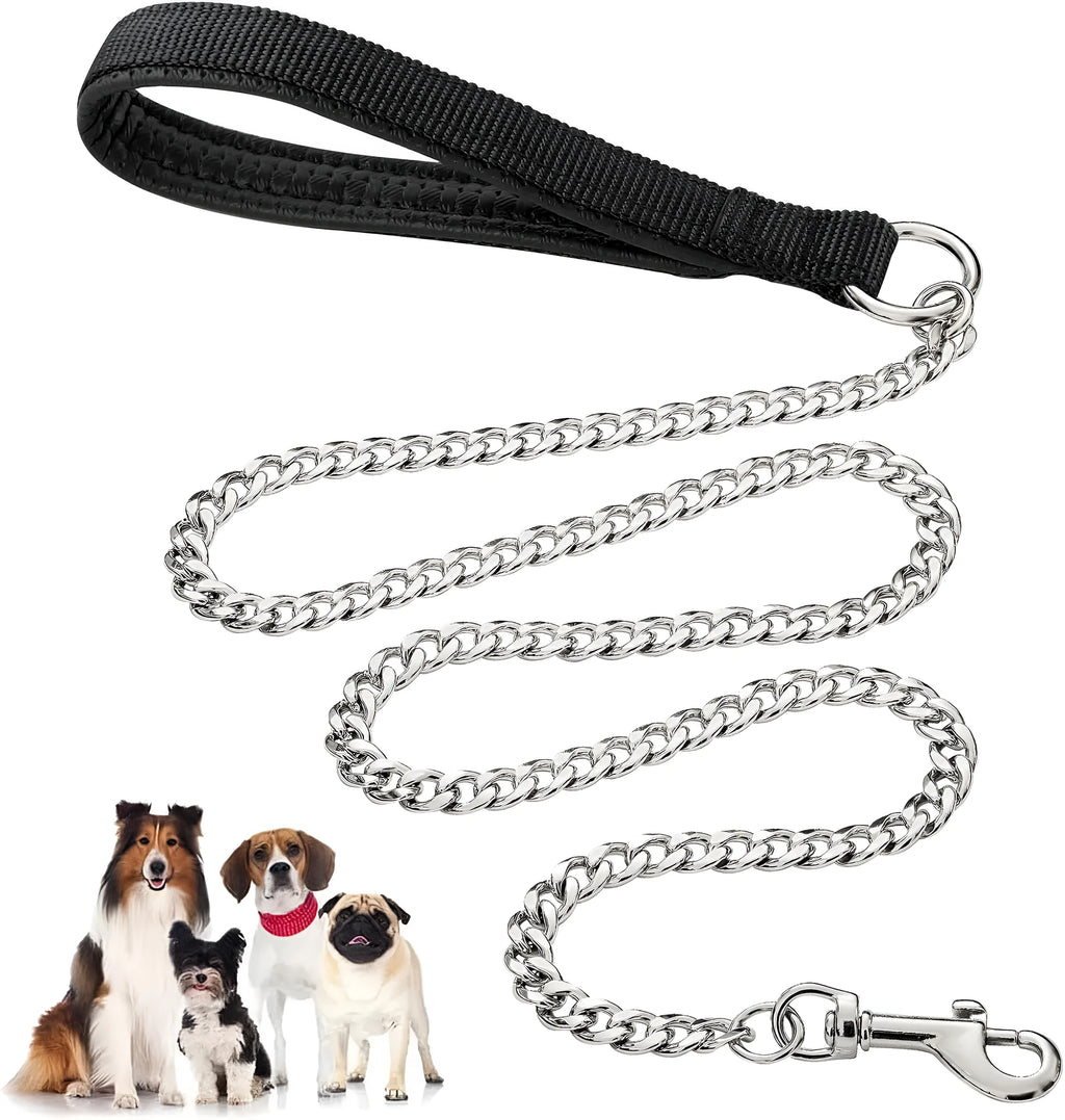 Heavy duty metal dog leash with padded handle in black, blue, or red colours