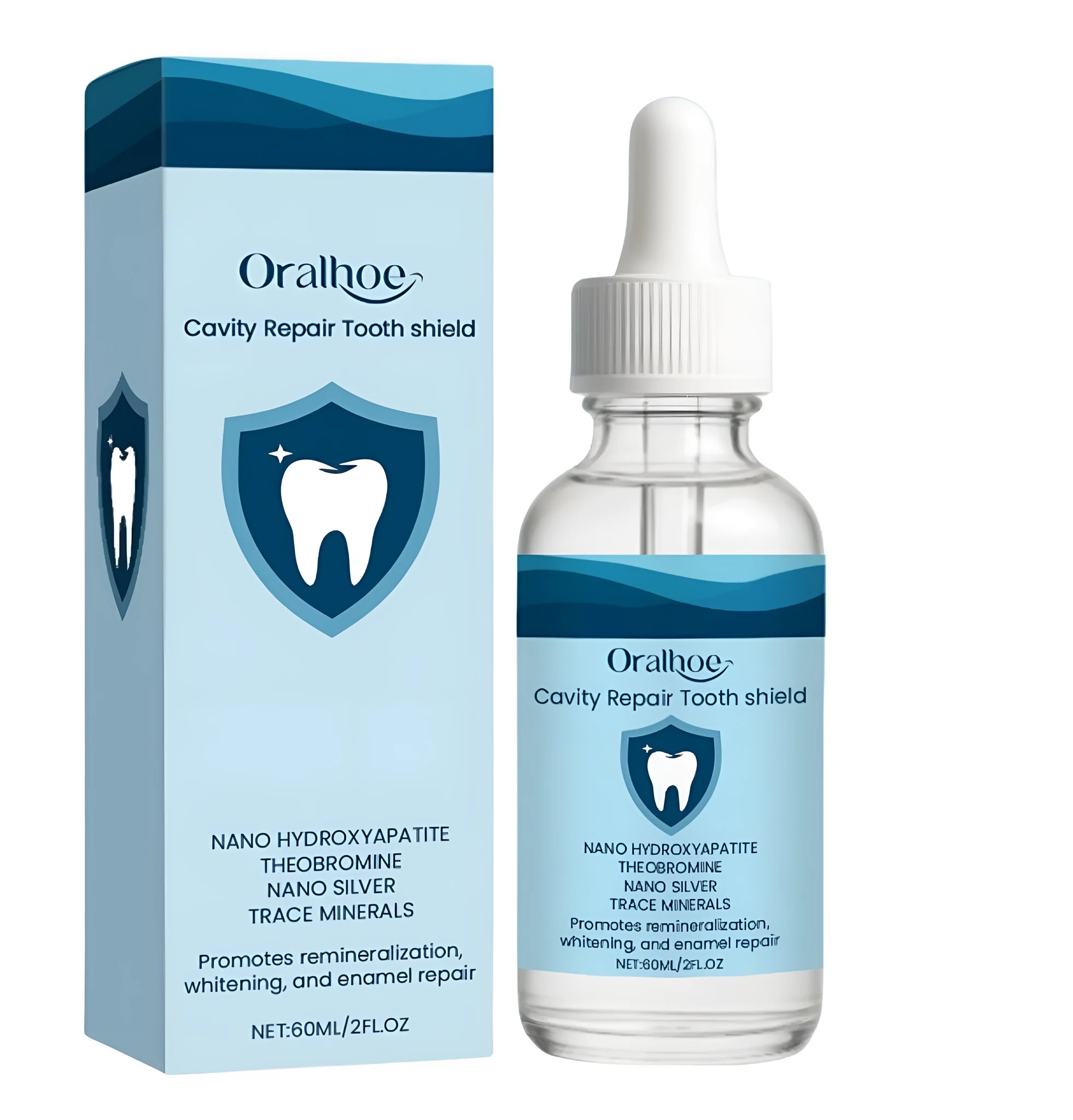 60ml bottle of dental restorative fluid with hydroxyapatite and theobromine for oral care.