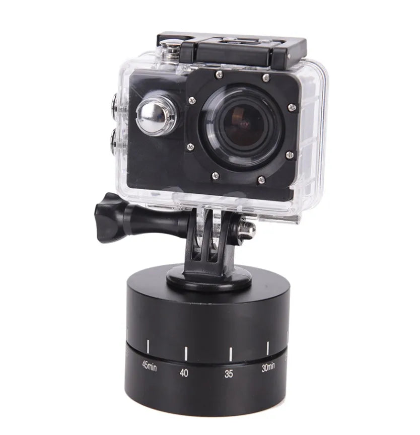 360-degree auto rotate camera tripod head base on a tripod with a GoPro camera attached