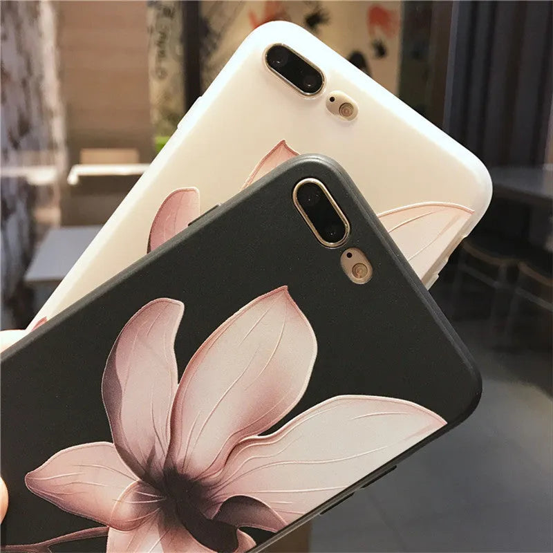 Embossed floral TPU phone case in black with colour-matching buttons for iPhone models
