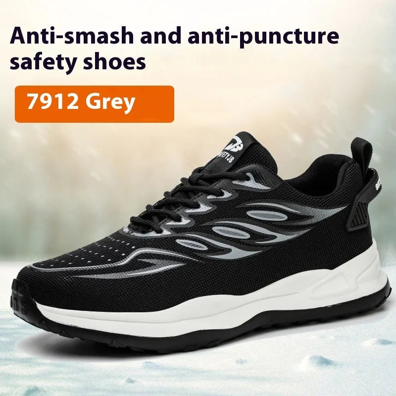 Leather and rubber anti-smashing lightweight labour protection shoes in orange, grey, green, or yellow