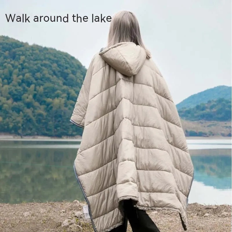 Outdoor cloak sleeping bag wearable as cape shawl with 200x140cm dimensions and hollow cotton filling
