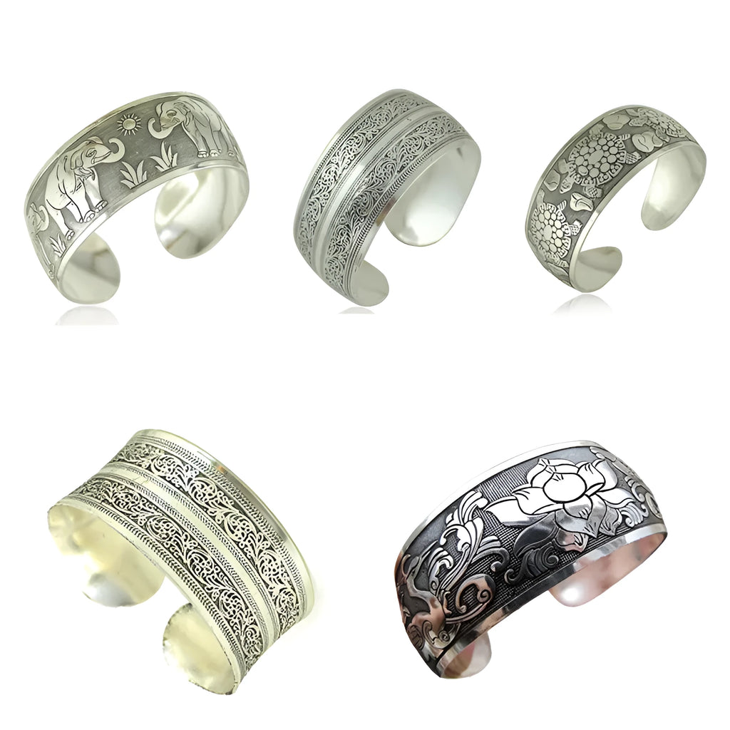Ethnic style carved open Miao silver bracelet with Roman design on alloy material