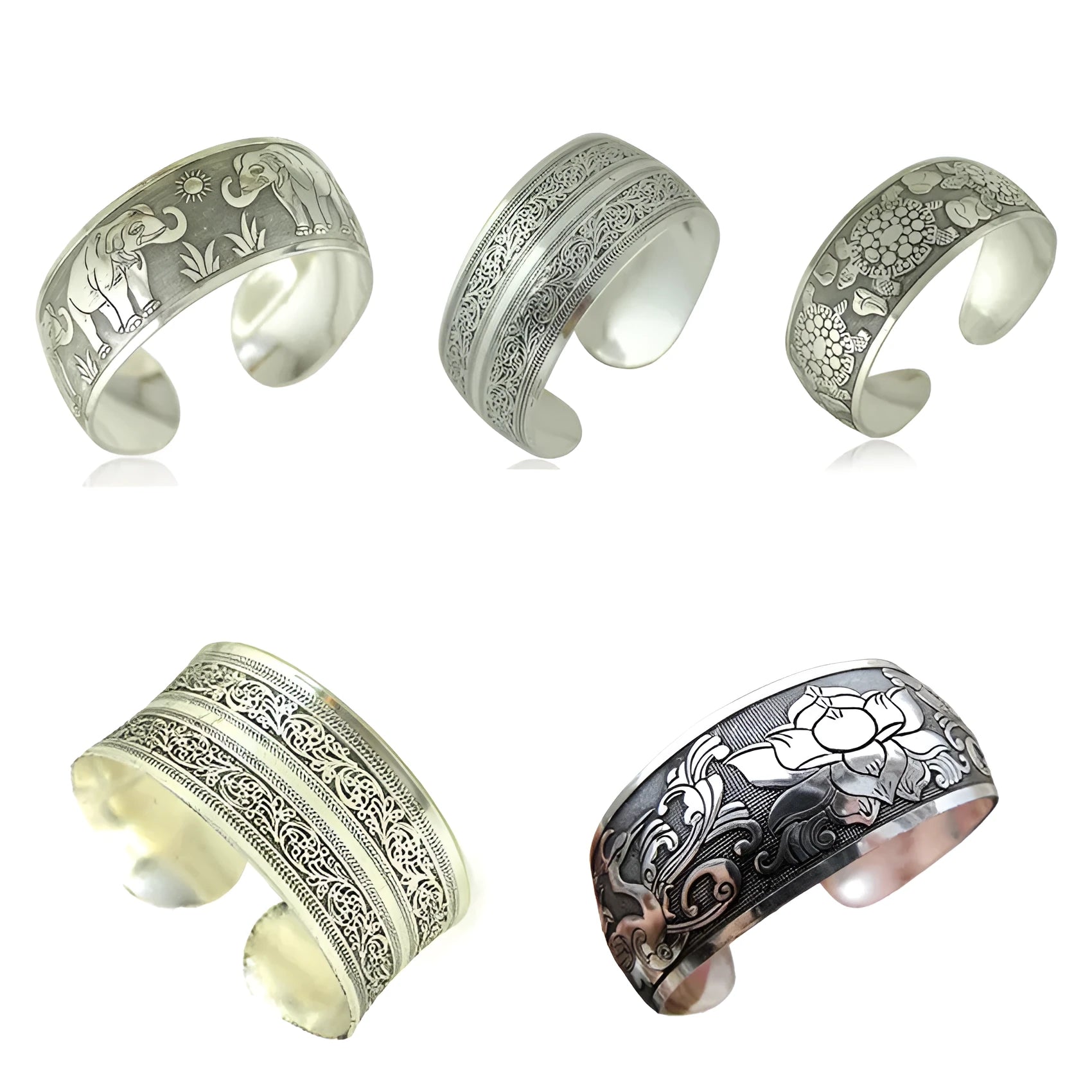 Ethnic style carved open Miao silver bracelet with Roman design on alloy material