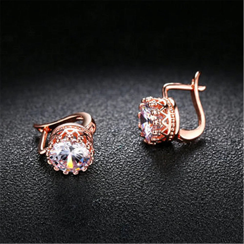 Korean retro crown ear clip earrings with white diamond accents in rose gold or white gold finish
