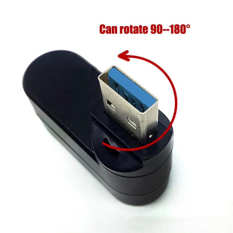 Black and white USB rotary splitter hub with four USB 3.0 ports on rotating ABS plastic body