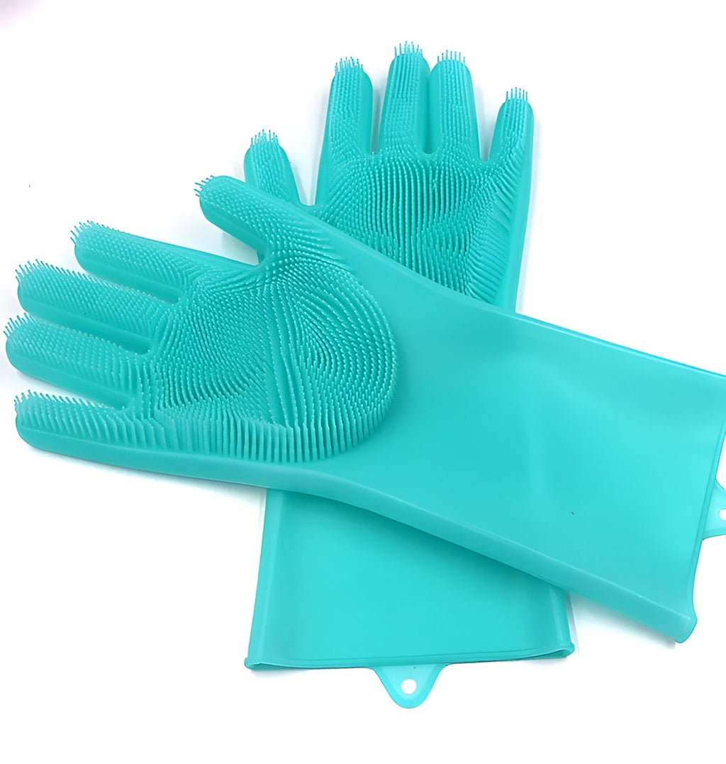 Blue silicone cleaning gloves with textured scrubbing patterns on fingers and palms.