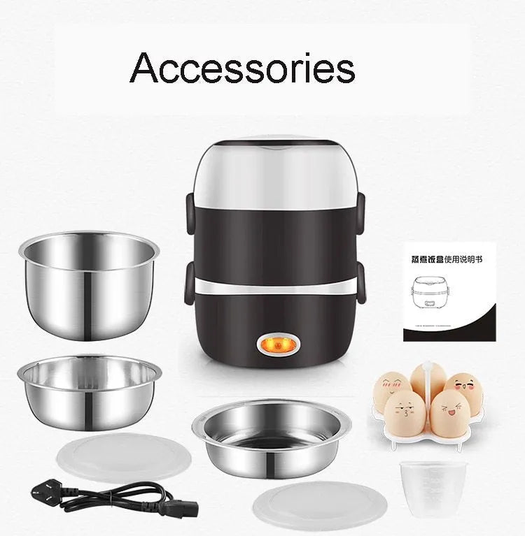 Multi-function lunch box with USB cable showing two-layer and three-layer capacity options