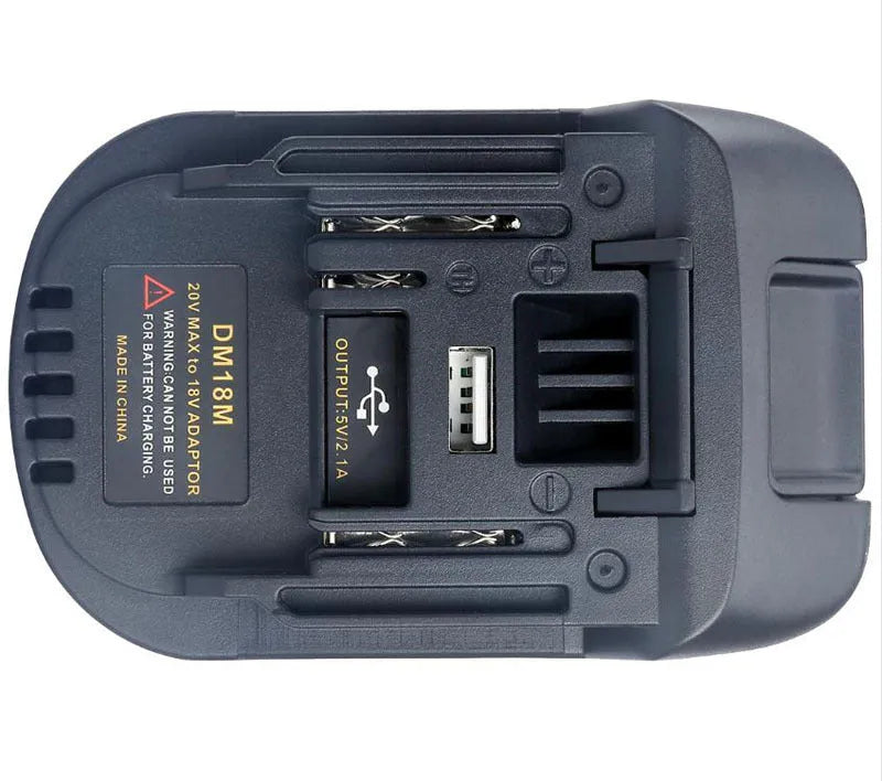 Black Milwaukee DM18M to MAKITA H99F battery adapter showing connection ports