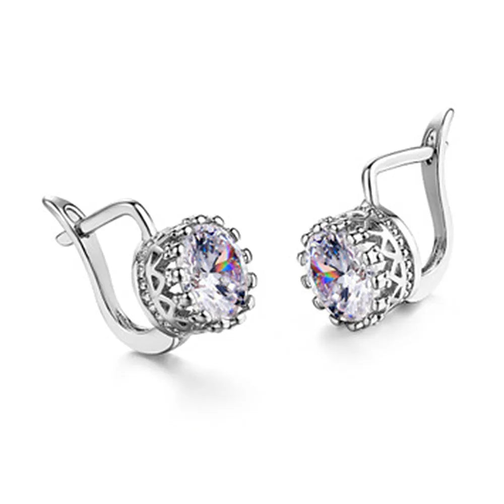 Korean retro crown ear clip earrings with white diamond accents in rose gold or white gold finish