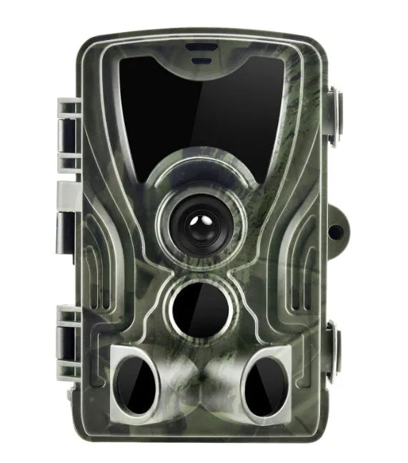 Green cellular trail camera with display screen, infrared LEDs and mounting bracket for outdoor wildlife monitoring