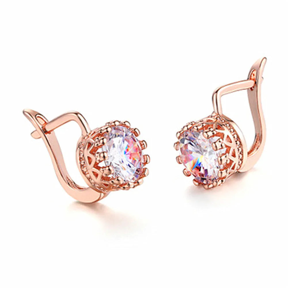 Korean retro crown ear clip earrings with white diamond accents in rose gold or white gold finish