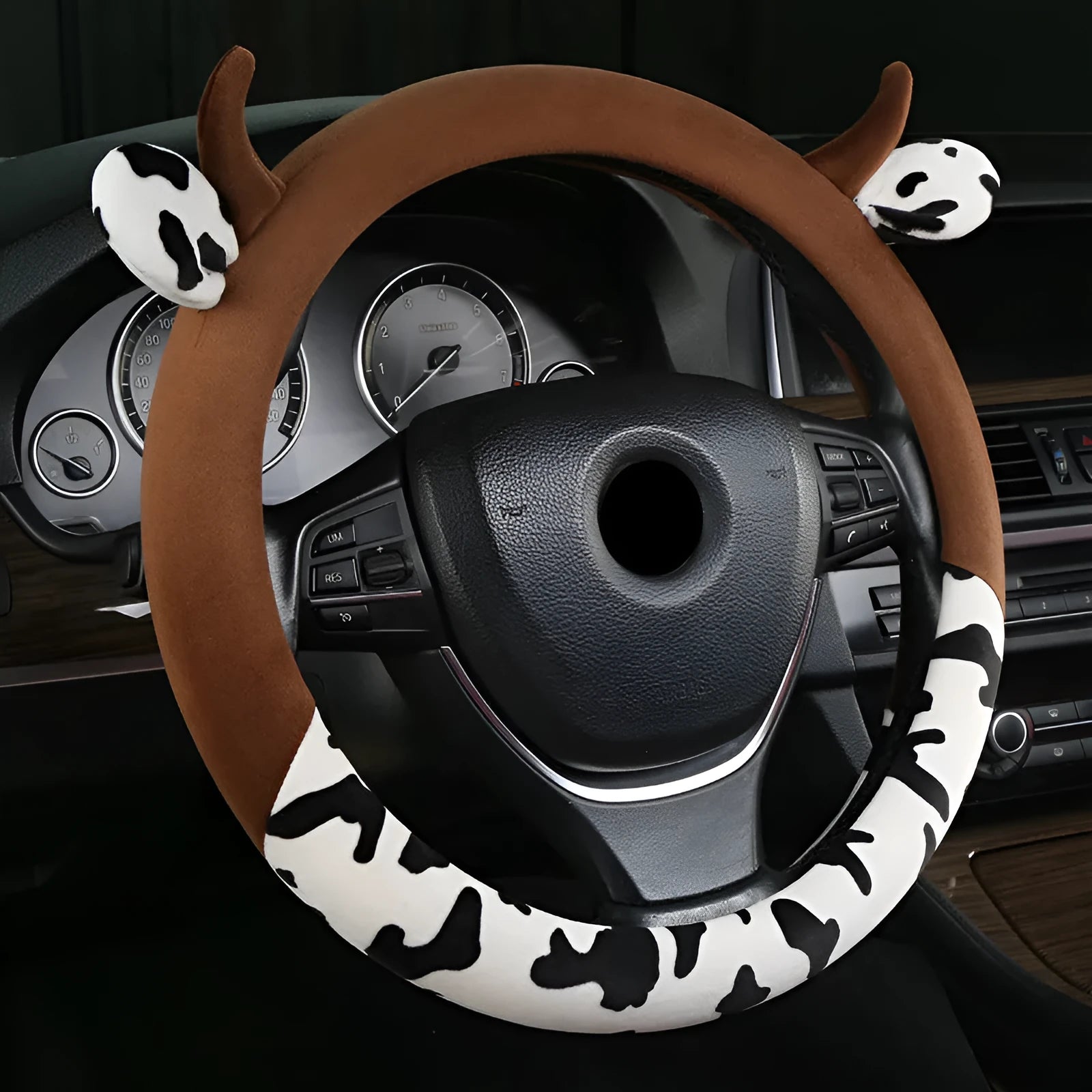 Short plush automotive steering wheel cover with protective handle in black colour