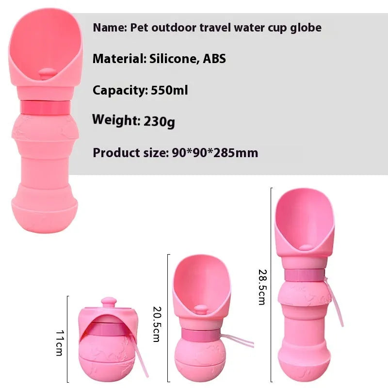 Silicone folding pet water cup shown unfolded and collapsed, in colours including black, mint green, and green pineapple pattern.