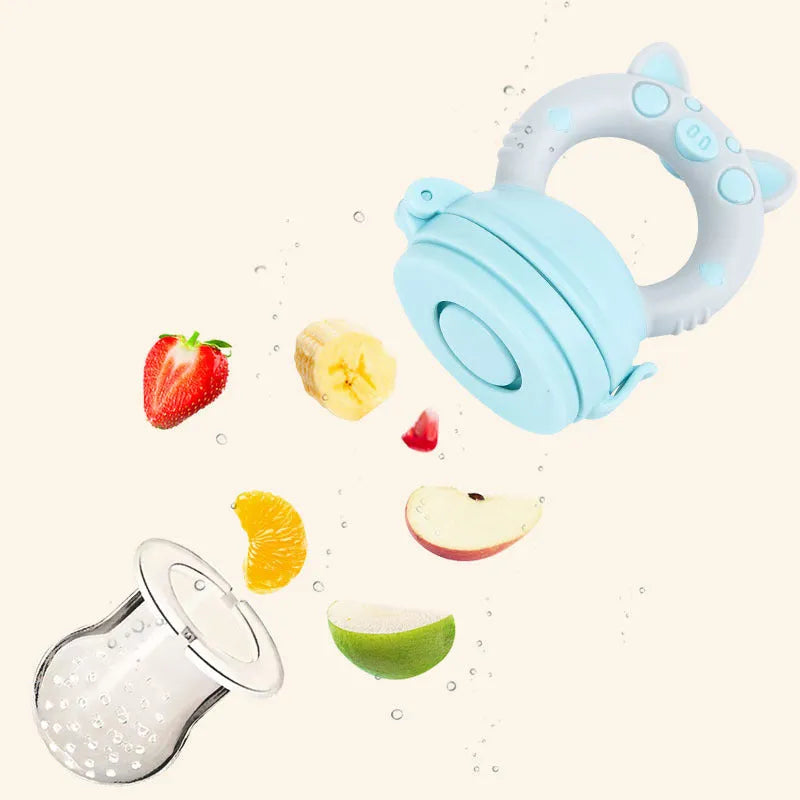 Silicone baby teether chew toy in blue, green, or pink colours with textured mouthpiece design