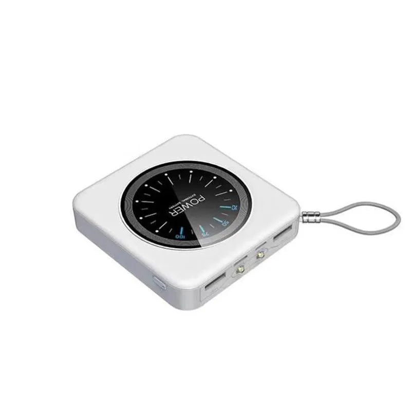 Mini clock charger portable power bank in an alloy case, shown in mint green, with multiple USB output ports.