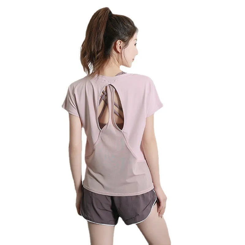 Women's short sleeve sports T-shirt in polyester for spring and autumn fitness activities