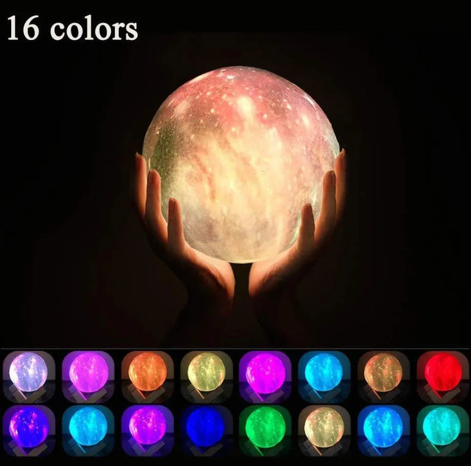 3D printed spherical lunar night light with colour changing LEDs and touch control.