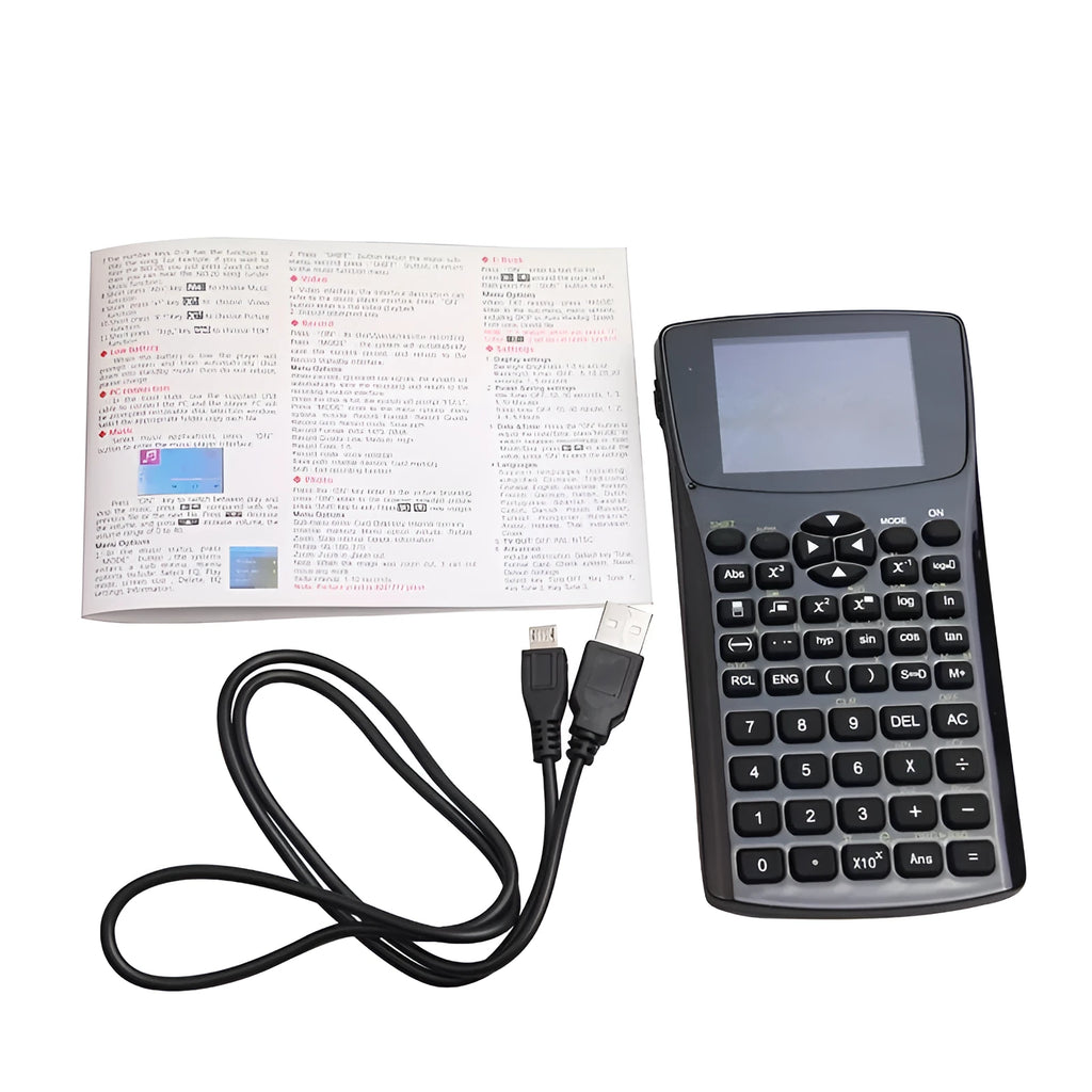 Black multifunctional e-book reader with a compact screen, showing a menu in one of 28 supported languages.