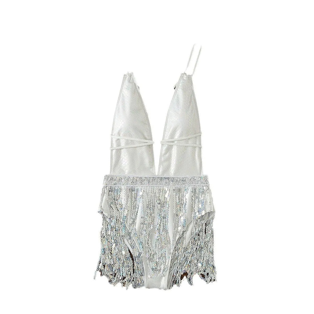 White deep V-neck one-piece swimsuit with sleeveless design for swimming