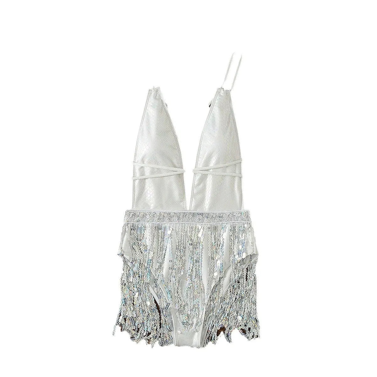 White deep V-neck one-piece swimsuit with sleeveless design for swimming