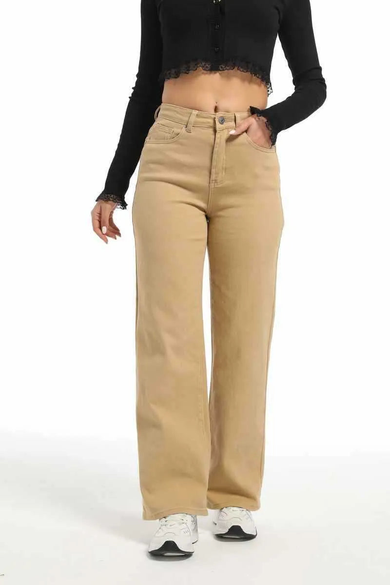 Women's straight wide-leg autumn jeans in apricot colour with high waist design