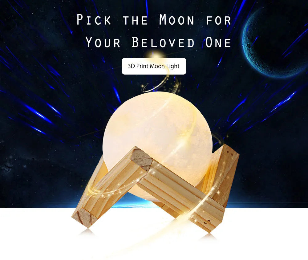 3D printed white moon lamp on a wooden stand, showing detailed craters and soft LED glow.