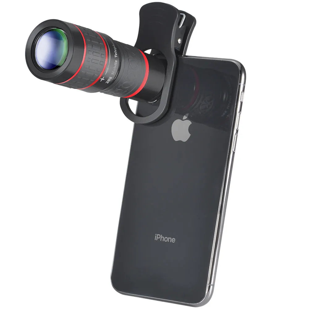 20x magnification smartphone telescope lens with universal mounting clip and eyecup mask on a table.