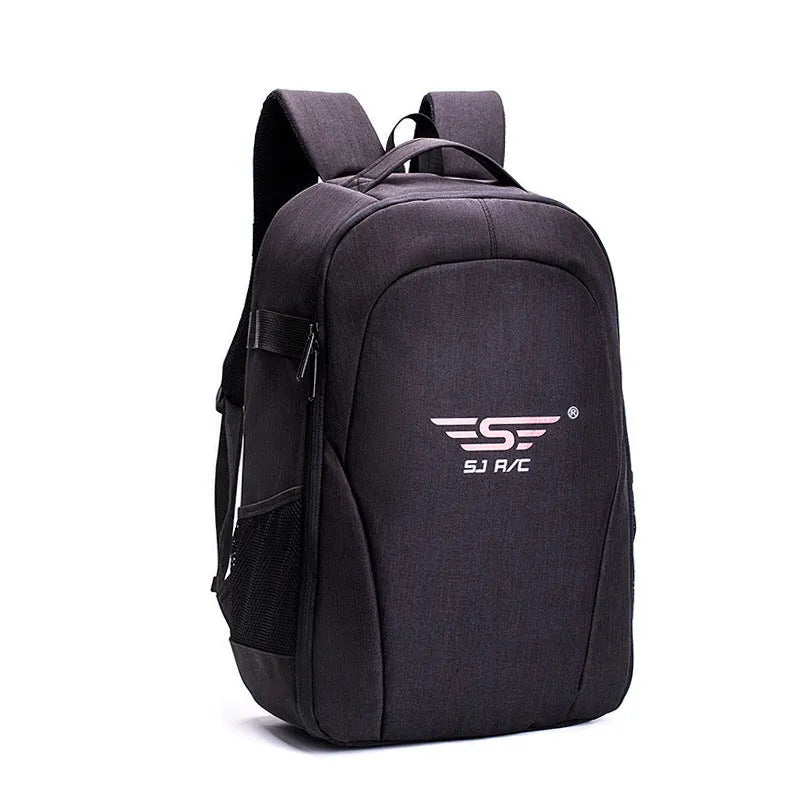 Black Oxford cloth drone backpack with camera and laptop compartments open.