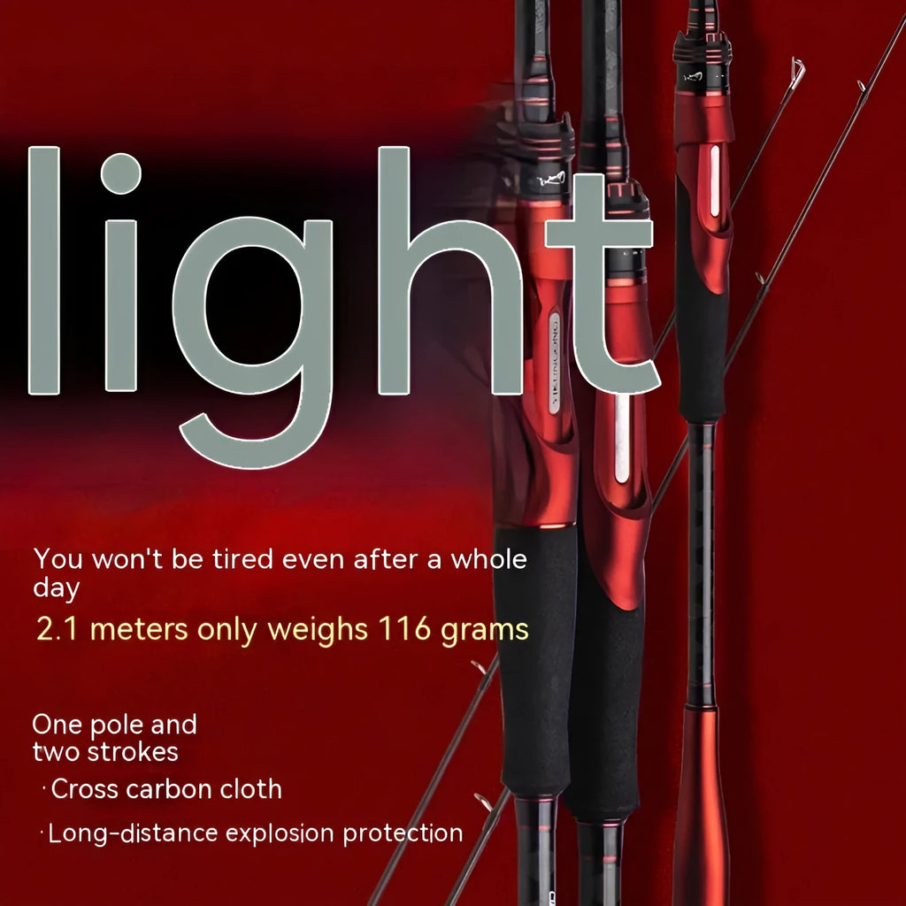Carbon ultralight fishing rod showing straight handle and pikestaff style options in 2.1m and 2.4m lengths.