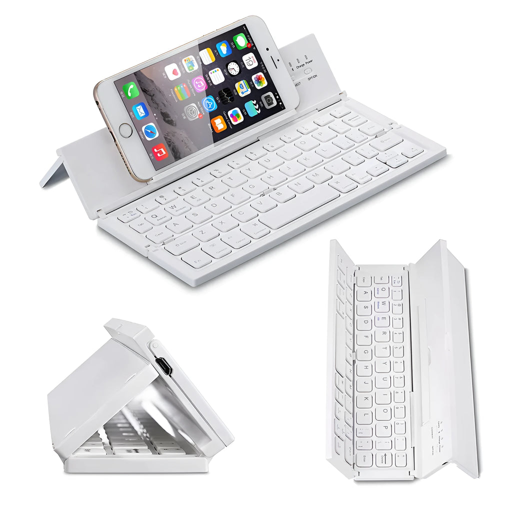 Black folding Bluetooth keyboard with numeric pad next to tablet