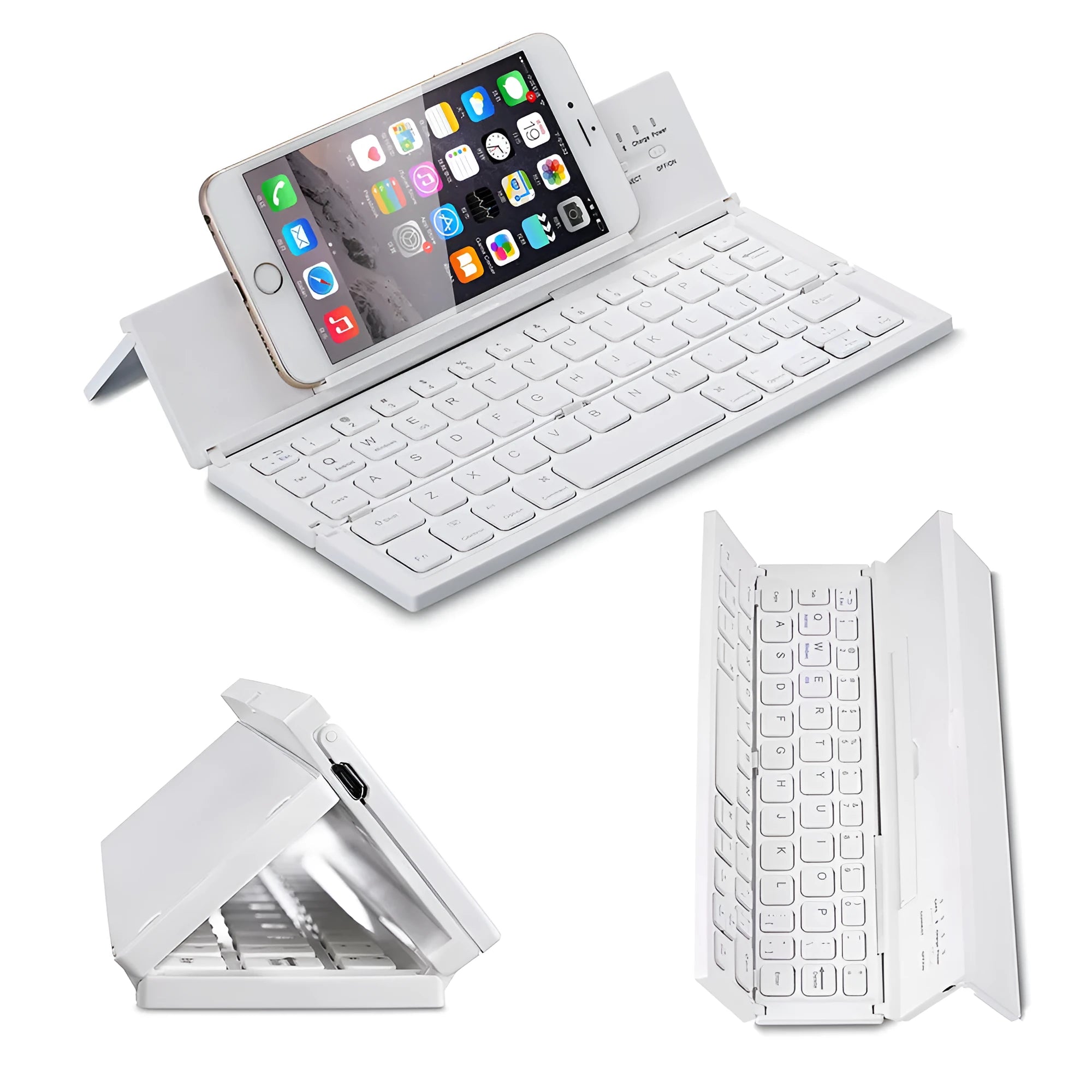 Black folding Bluetooth keyboard with numeric pad next to tablet