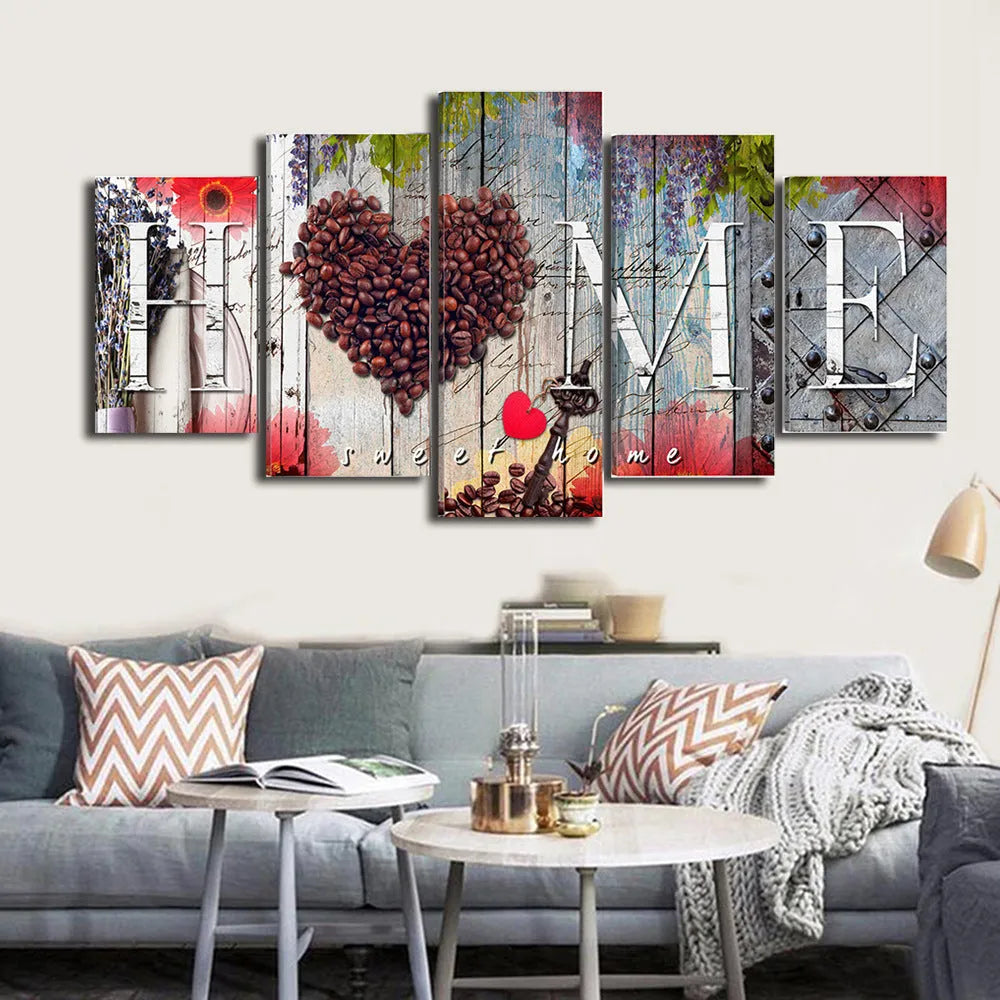 Red oil painting canvas wall art set showing five unframed canvases in coordinated sizes